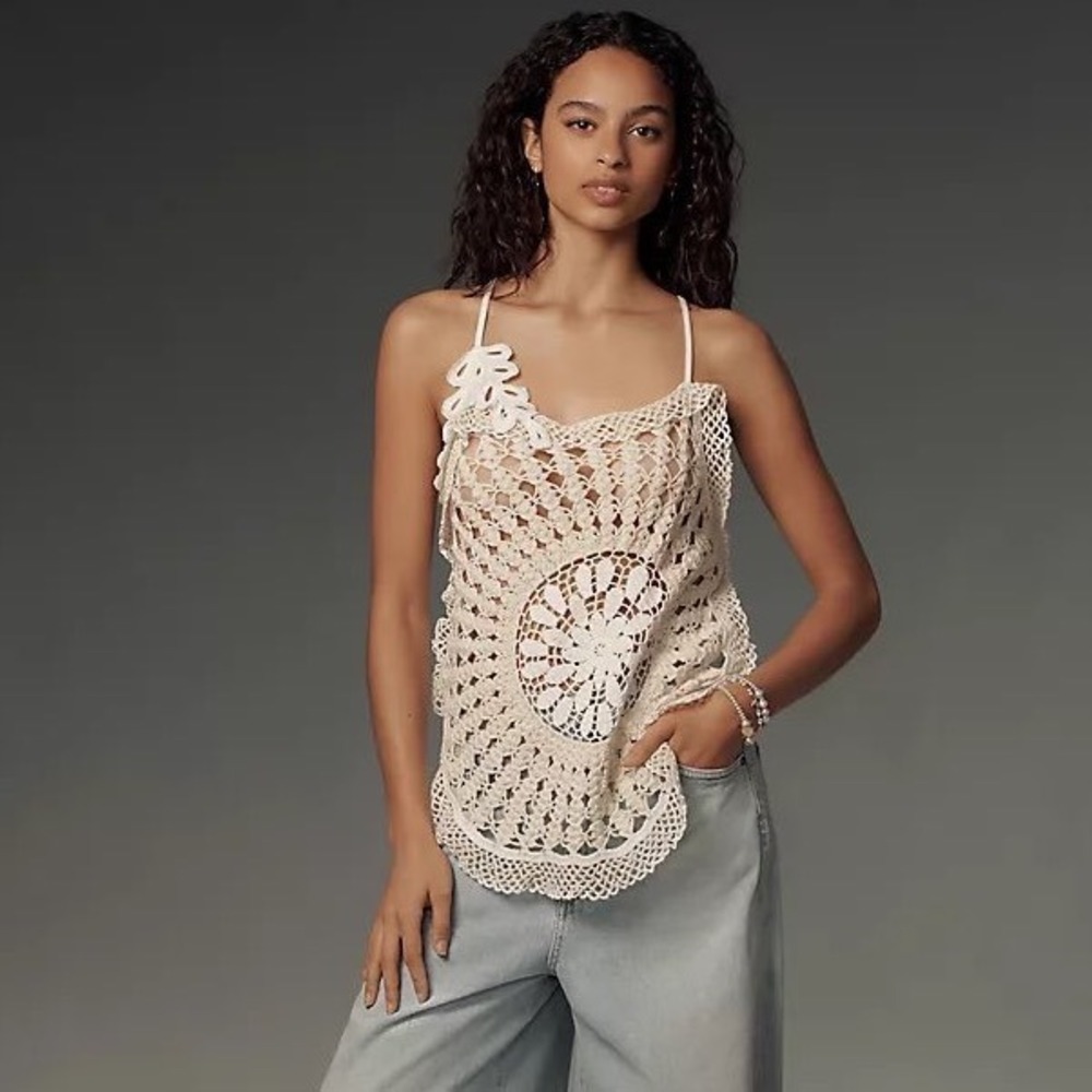Anthropologie Pieced Crochet Sweater Tank Top Cream White Embroidered XS